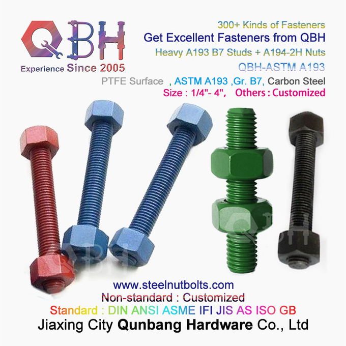 QBH PTFE 1070 Revestimiento rojo/azul/negro/verde 1/4"-4" ASTM A193 B7 Perno de varilla roscada con tuerca hexagonal pesada A194-2H 3