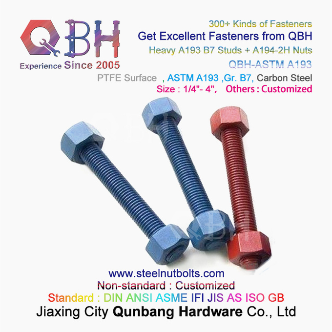 QBH PTFE 1070 Revestimiento rojo/azul/negro/verde 1/4"-4" ASTM A193 B7 Perno de varilla roscada con tuerca hexagonal pesada A194-2H 2