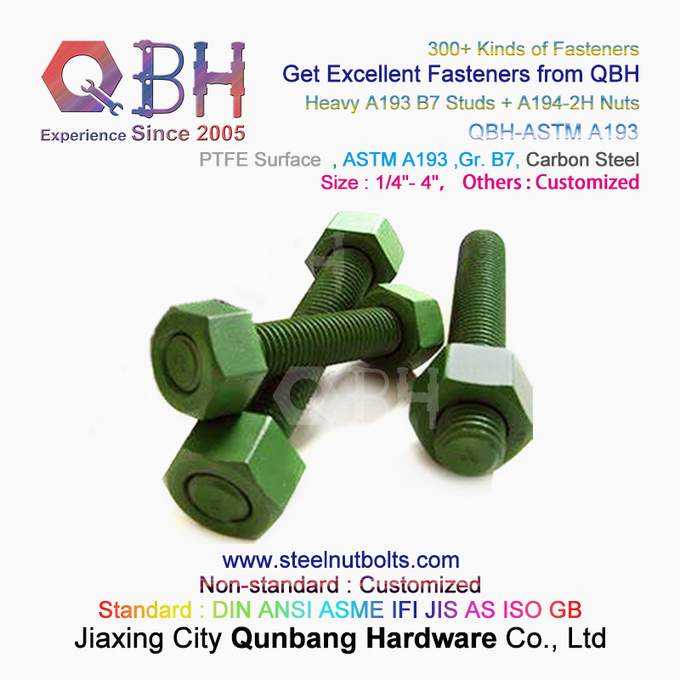 QBH PTFE 1070 Revestimiento rojo/azul/negro/verde 1/4"-4" ASTM A193 B7 Perno de varilla roscada con tuerca hexagonal pesada A194-2H 1