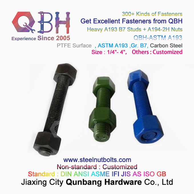 QBH PTFE 1070 Revestimiento rojo/azul/negro/verde 1/4"-4" ASTM A193 B7 Perno de varilla roscada con tuerca hexagonal pesada A194-2H 0